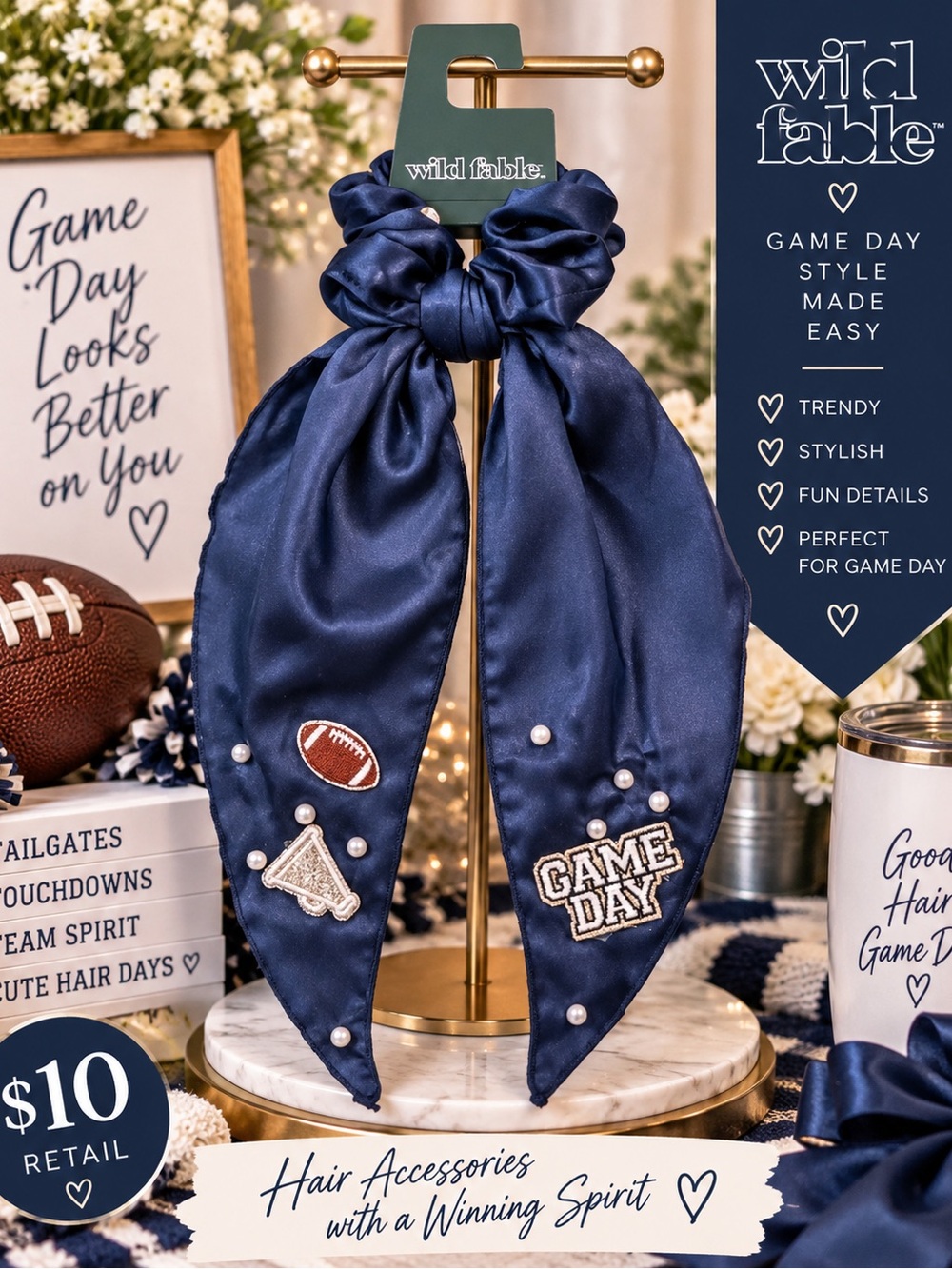 Wild Fable Navy Blue Game Day Football Satin Scarf Scrunchie Pearls/Glitter NWT
